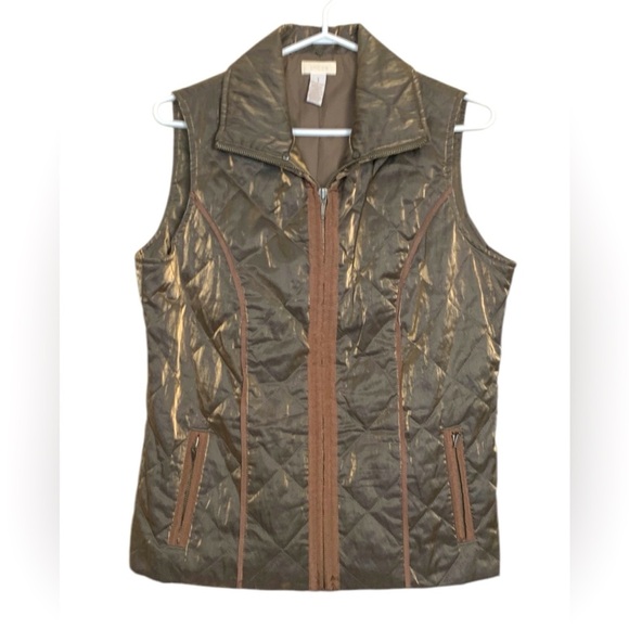 Chico’s  Bronze & Brown Lightly Padded Vest w Pockets, Nice Sheen to Fabric - Picture 1 of 15
